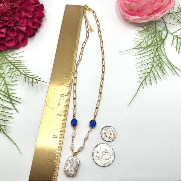 NEW⚜️Freshwater Baroque Pearl & Sapphire Crystal Necklace - Picture 6 of 7